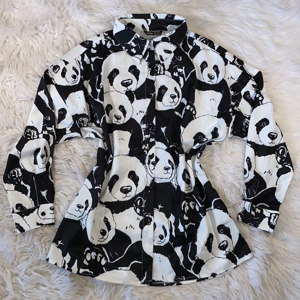 🌿[ Shein ] Panda Bear Button Up Blouse - Picture 2 of 8